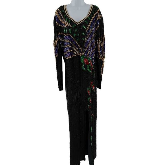 Vintage Black Silk Dress Hand Embellished in Colorful Beads/Sequins in an Abstra - Picture 1 of 6